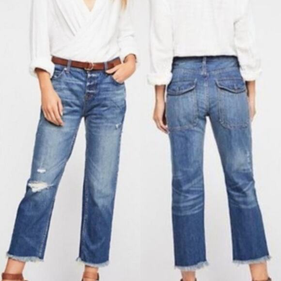 FP We The Free Low Rise Distressed Raw Hem Button Back Pocket Crop Jeans Size 25 - Picture 1 of 14